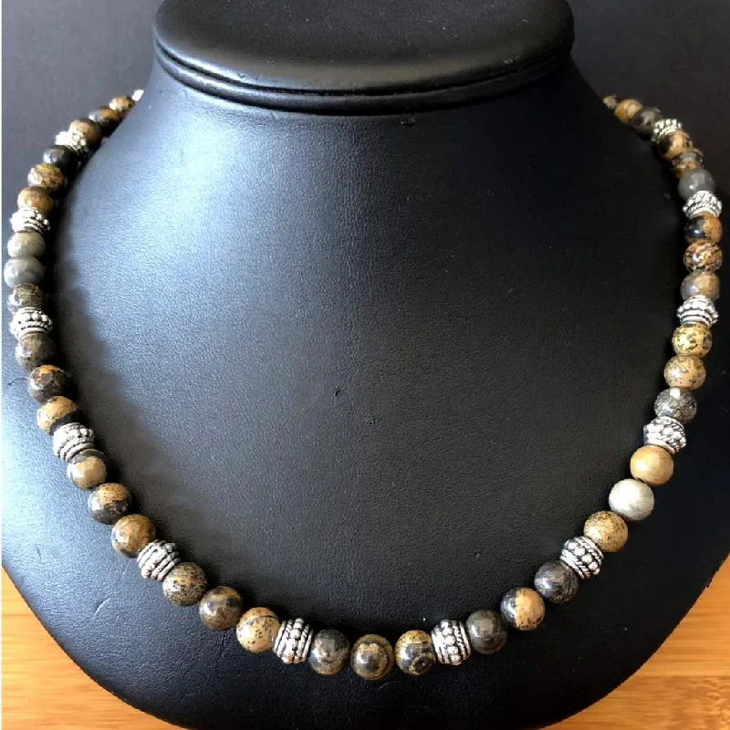 geometric necklace for women -Brown, Black, and Gray Jasper Mens Beaded Necklace