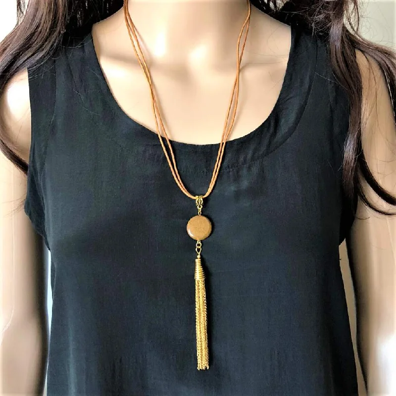 luxury diamond necklace for women -Brown Jasper and Leather Long Tassel Necklace