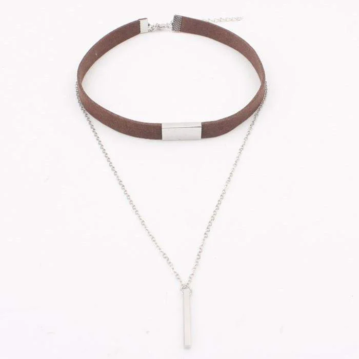 zodiac sign necklace for women -Brown Suede and Silver Chain Layered Choker