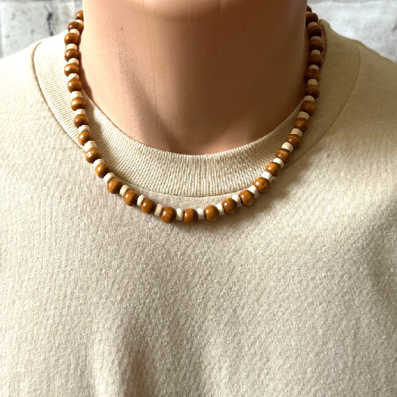 long pendant necklace for women -Brown Wood and White Coconut Shell Mens Beaded Necklace