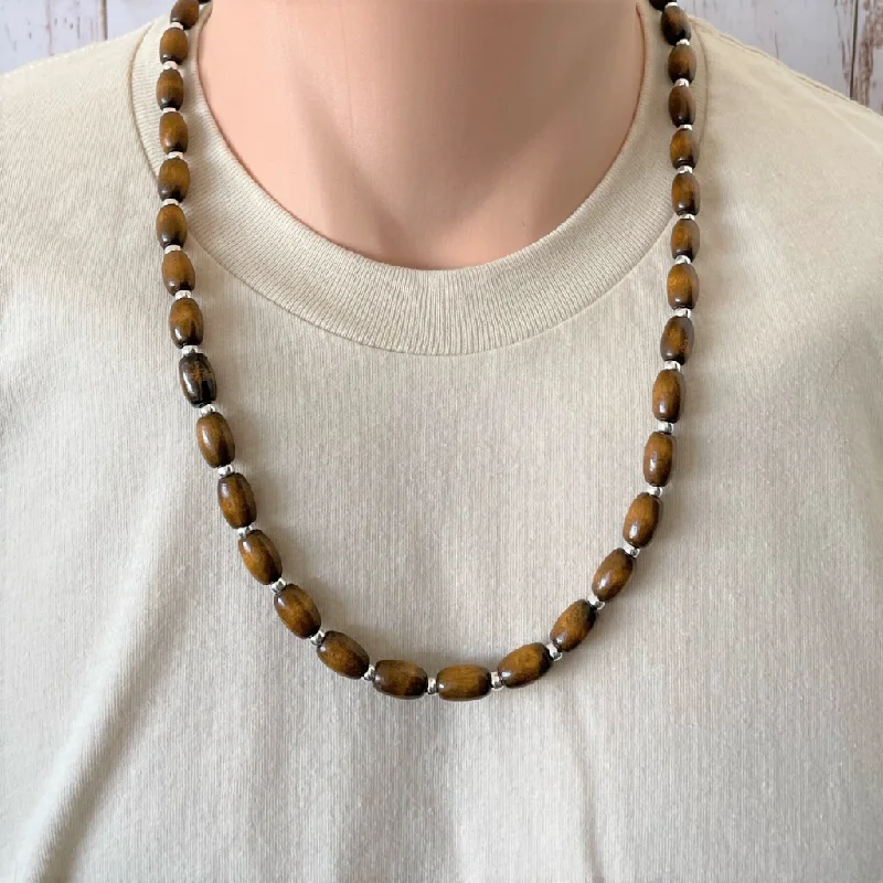 gold coin necklace for women -Brown Wood Barrel and Silver Beaded Mens Necklace