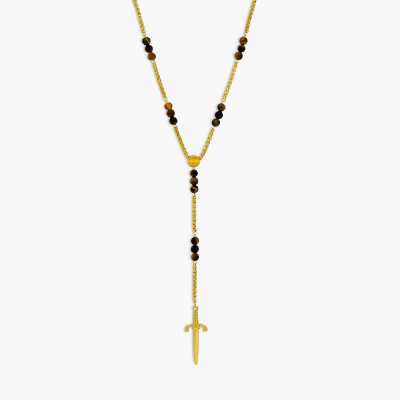 personalized kids name necklace -Capri Dagger Rosary Necklace With 18K Yellow Gold Plated Silver & Tiger Eye