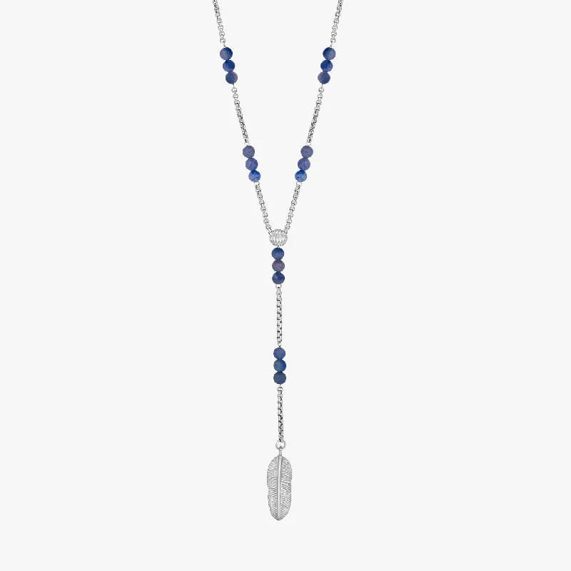 men’s dog tag necklace -Capri Plume Necklace With Blue Aventurine & Rhodium Plated Silver