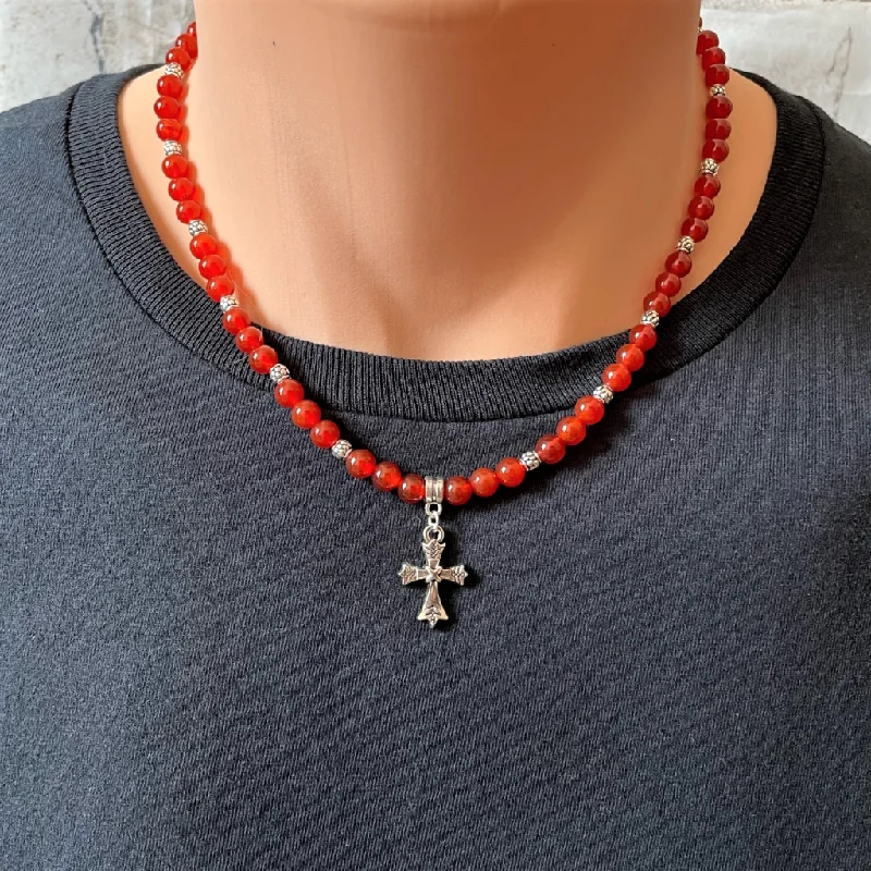 custom coordinates necklace for couples -Carnelian Mens Beaded Necklace with Silver Cross Charm