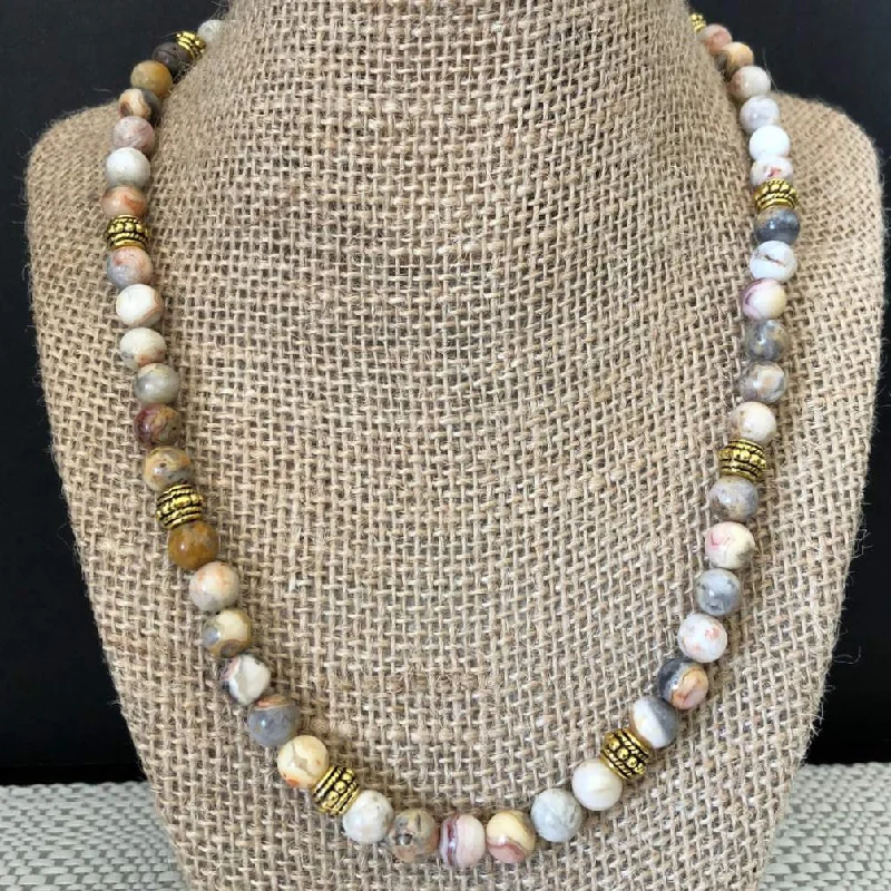 layered gold necklace for women -Crazy Lace Agate Mens Beaded Necklace