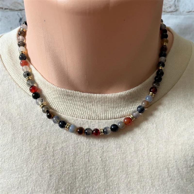 crystal pendant necklace for women -Dark Multi Agate and Gold Mens Beaded Necklace