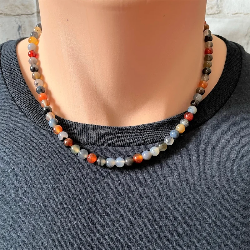 spiritual necklace for protection -Dark Multi Agate Mens Beaded Necklace