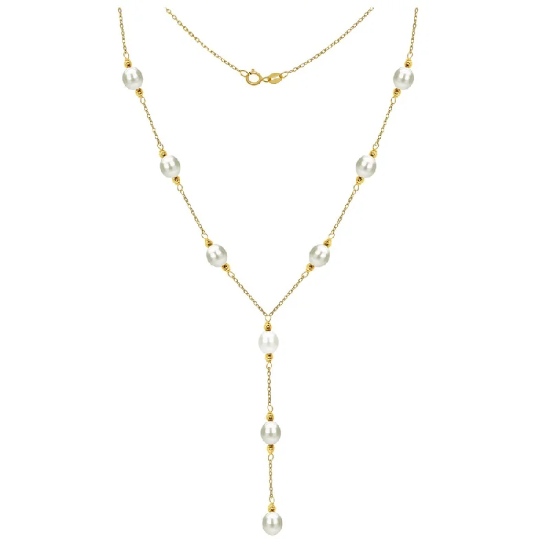 luxury diamond necklace for women -DaVonna 14k Yellow Gold 8-9mm White Freshwater Cultured Pearl Station Necklace, 16" + 3" Drop