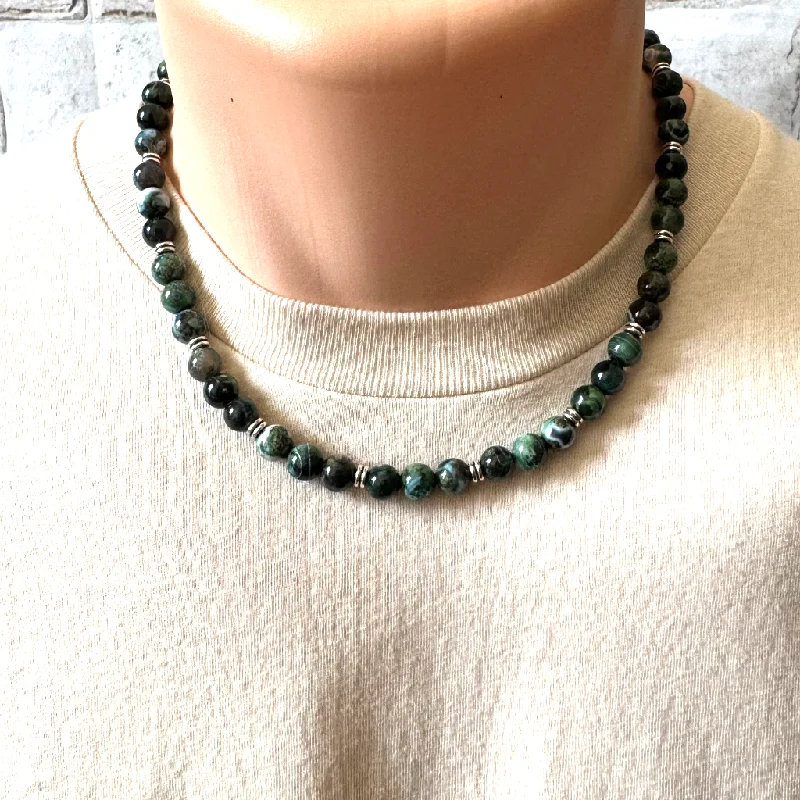 graduation necklace for girls -Forest Green Agate and Silver Mens Beaded Necklace