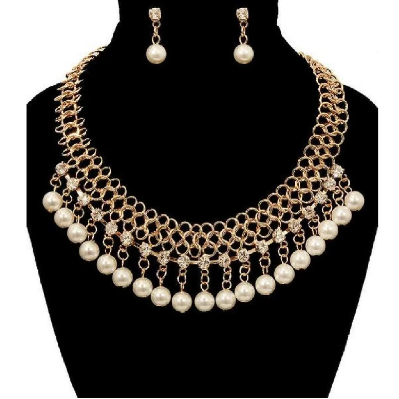 men’s chain necklace -Gold Chain Pearl and Rhinestone Statement Necklace