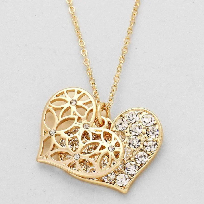 custom handwriting necklace for gifts -Gold Cut Out Heart and Crystal Pave Heart Necklace