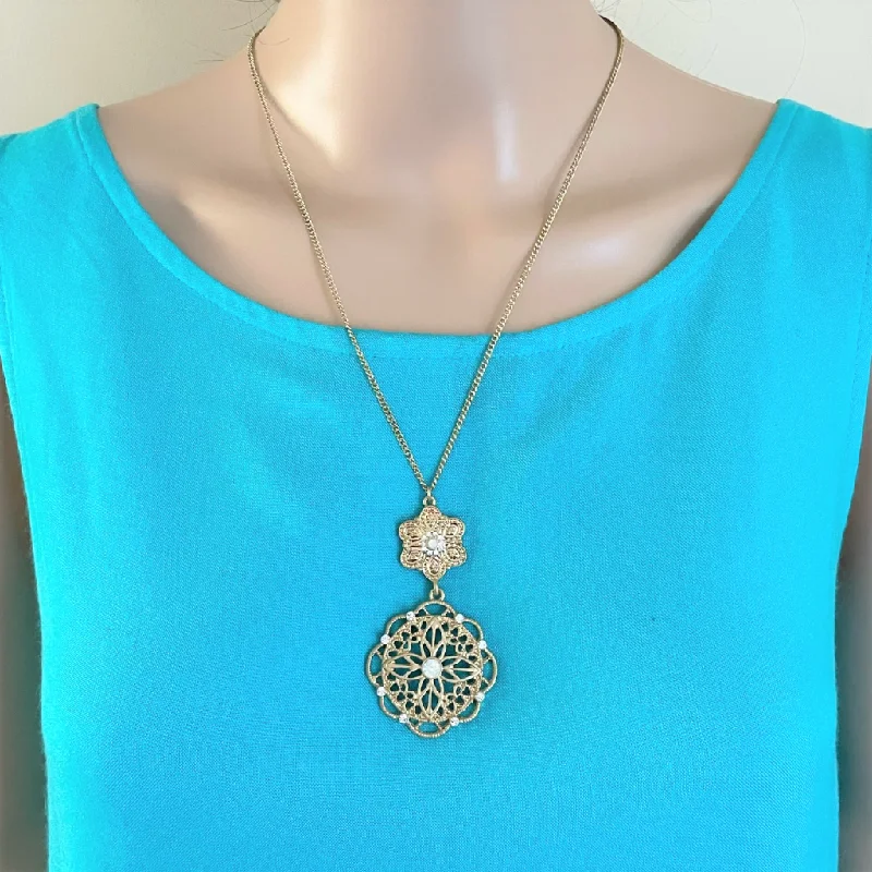 statement necklace for special occasions -Gold Filigree Floral Crystal Pendant Necklace