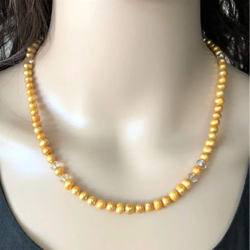 layered gold necklace for women -Gold Freshwater Pearl Necklace with Swarovski Crystals