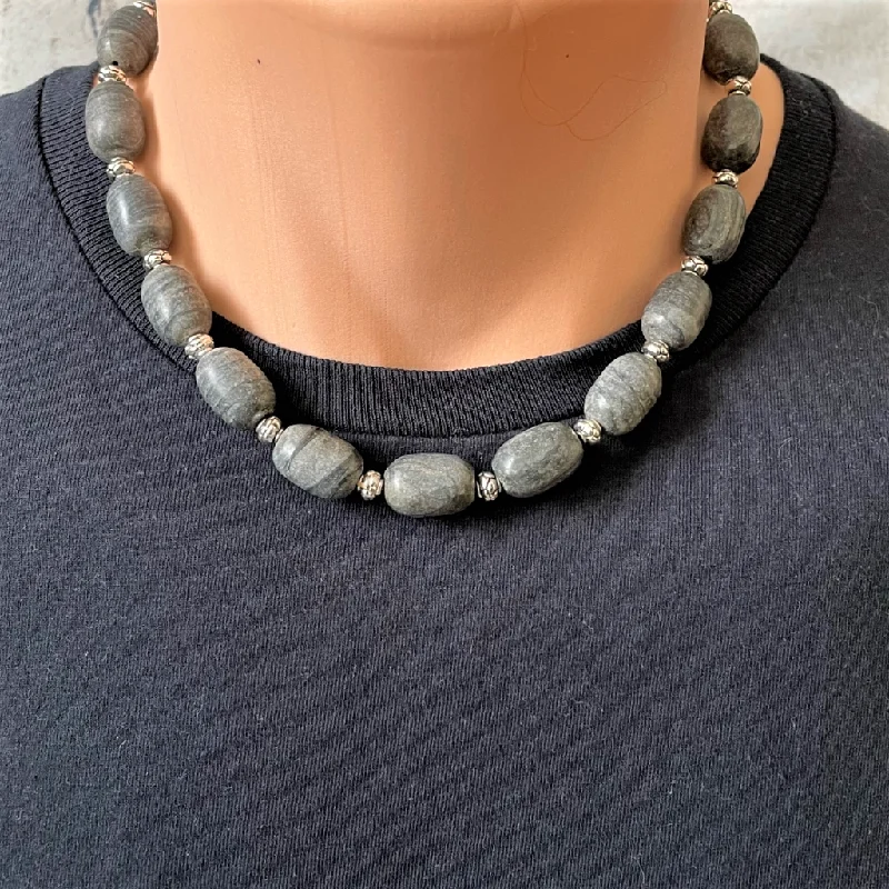 rose gold necklace for women -Gray Oval Marble Mens Beaded Necklace