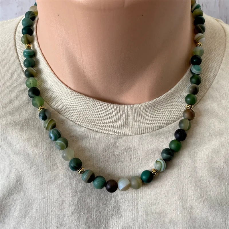 bar pendant necklace for women -Green Matte Agate Mens Beaded Necklace