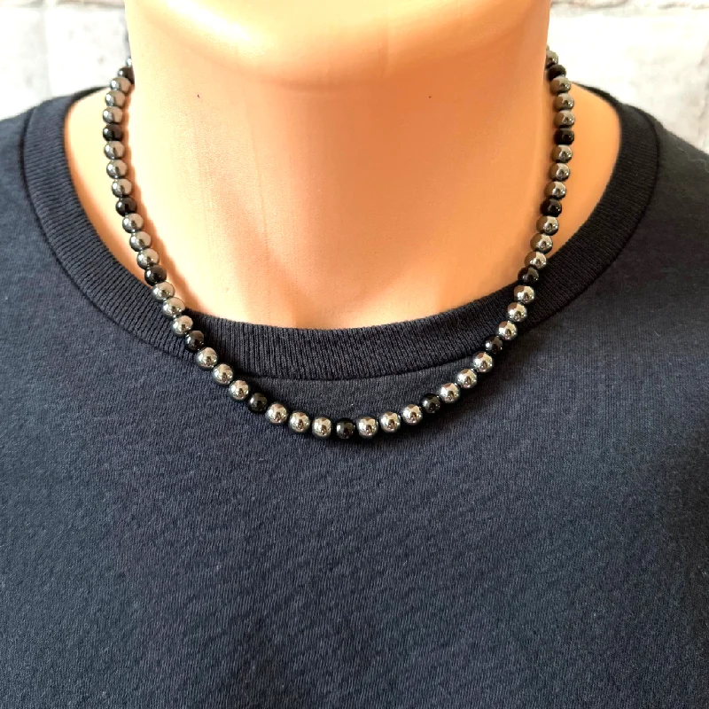 gemstone necklace for women -Hematite and Black Onyx Mens Beaded Necklace