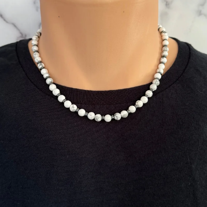 luxury pearl necklace for brides -Howlite and Gunmetal Hematite Mens Beaded Necklace