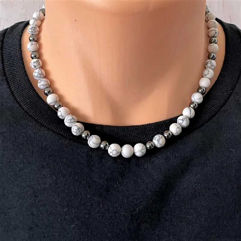 pearl choker necklace for brides -Howlite and Hematite Mens Beaded Necklace