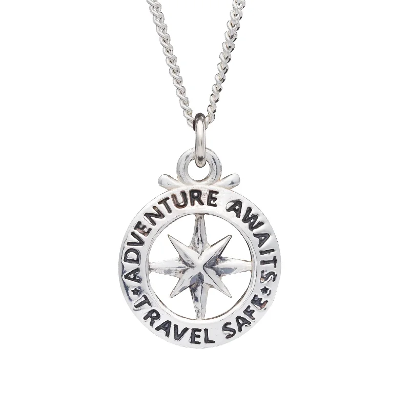 geometric necklace for women -Travel Safe Outline Compass Large St Christopher Silver Necklace