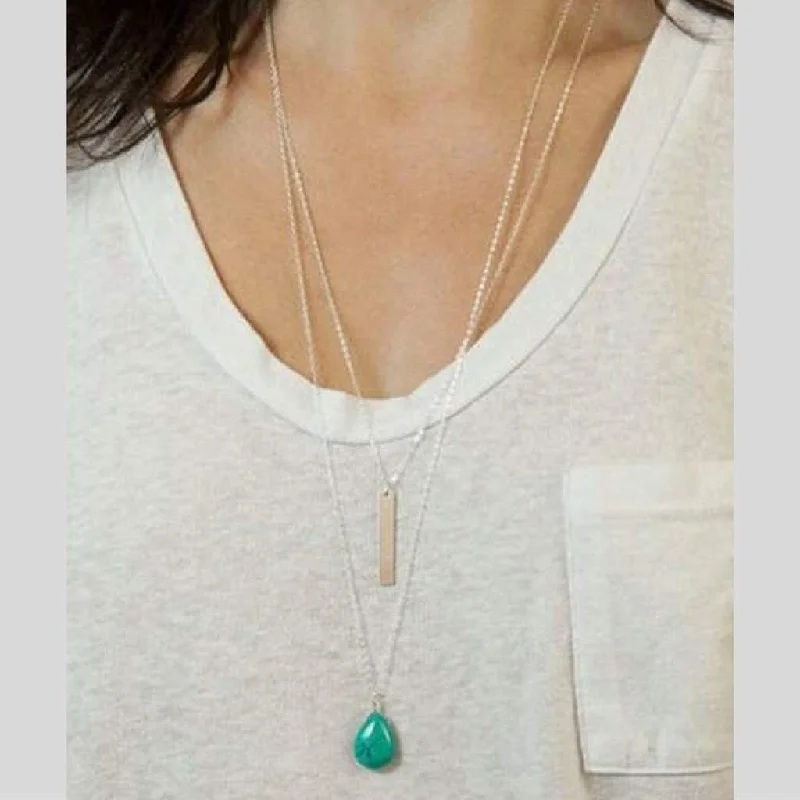 personalized name necklace for women -Layered Silver Chain Turquoise Stone and Bar Necklace