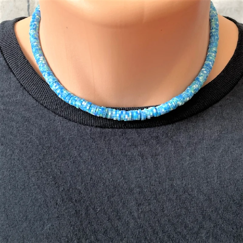 bar pendant necklace for women -Light Blue and White Polymer Mens Beaded Necklace