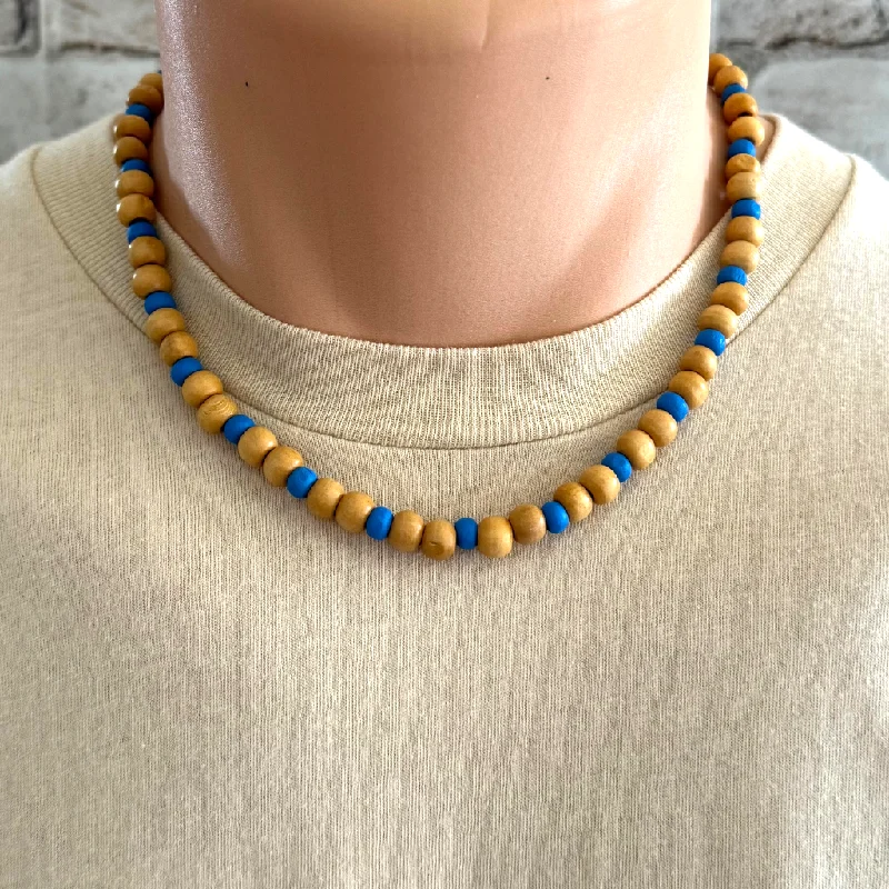 diamond tennis necklace for women -Light Brown and Turquoise Blue Wood Mens Beaded Necklace