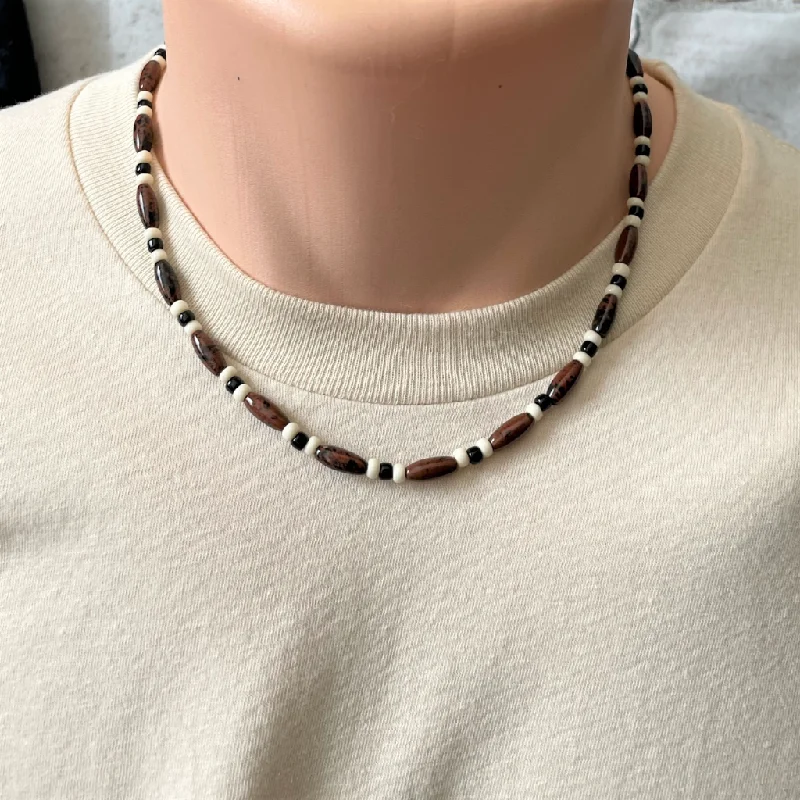 birthstone necklace for moms -Mahogany Obsidian Mens Beaded Necklace