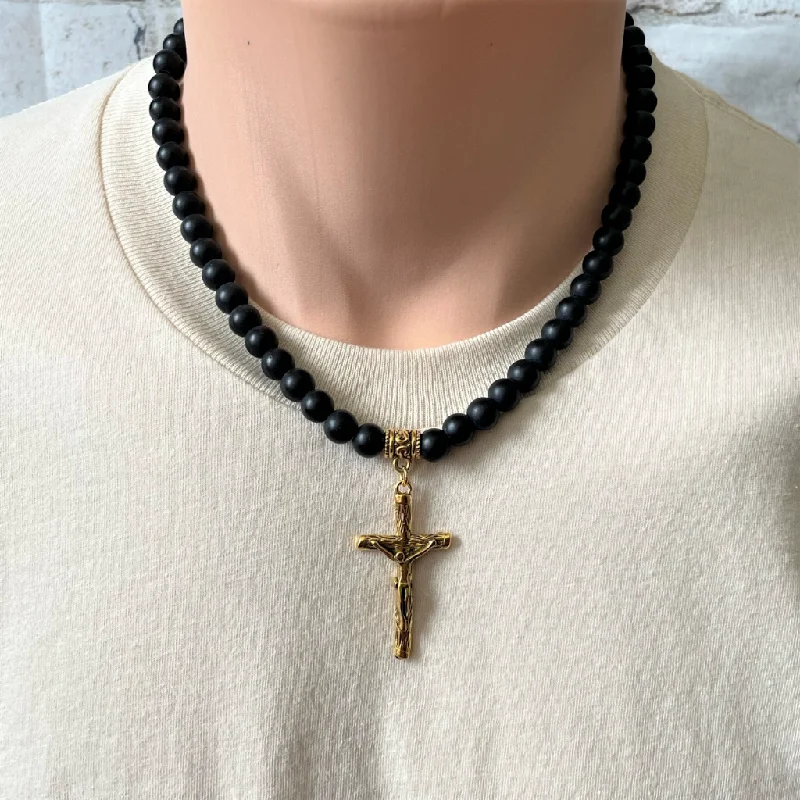 dainty necklace for layering -Matte Black Onyx and Gold Cross with Jesus Mens Beaded Necklace