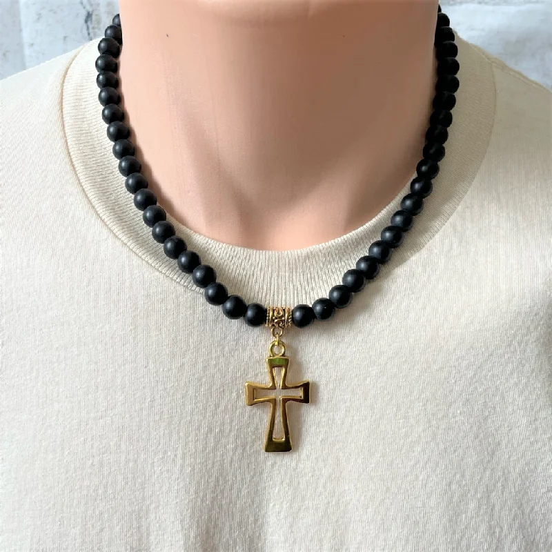 custom photo necklace for gifts -Matte Black Onyx and Gold Cut Out Cross Mens Beaded Necklace