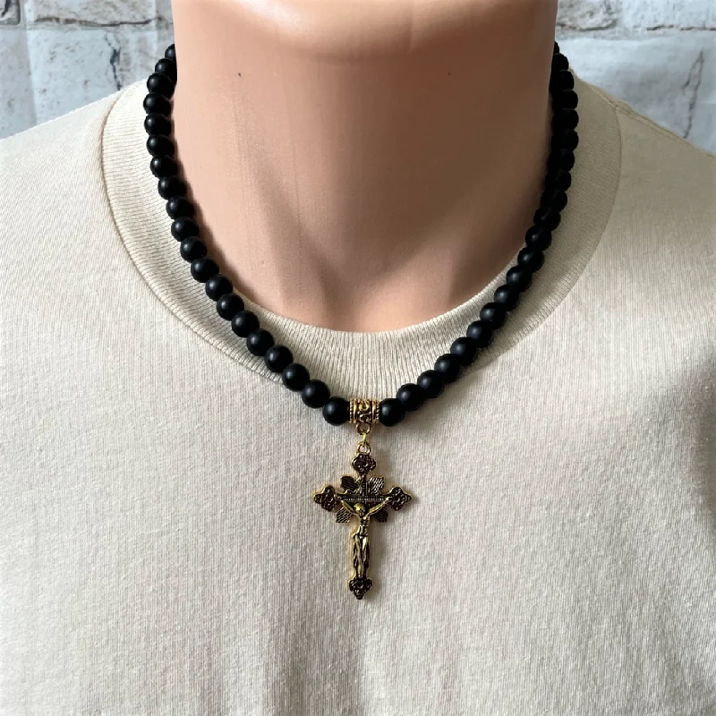 luxury diamond necklace for women -Matte Black Onyx and Gold Large Cross with Jesus Mens Beaded Necklace