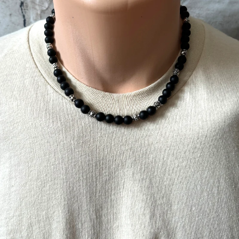 dainty necklace for layering -Matte Black Onyx and Silver Beaded Mens Necklace