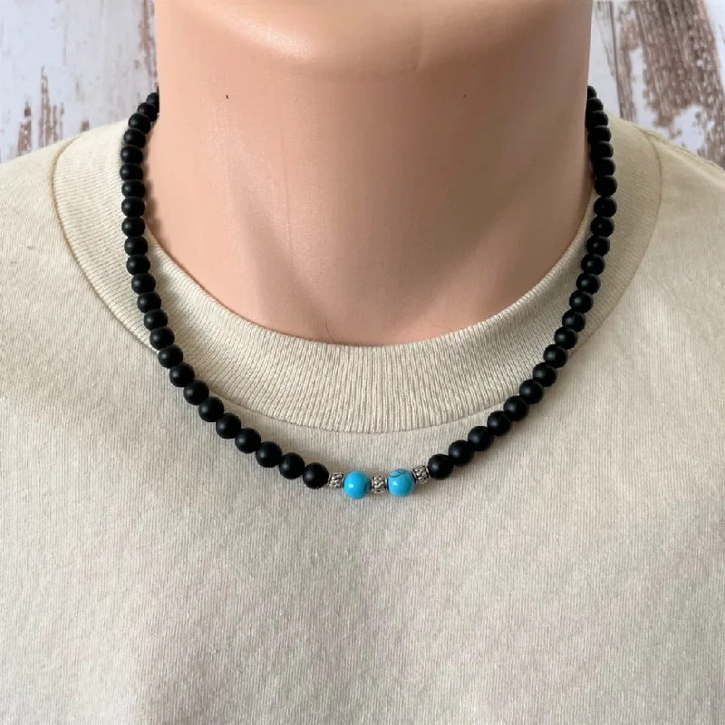 simple gold chain necklace -Matte Black Onyx and Turquoise Howlite Mens Beaded Necklace