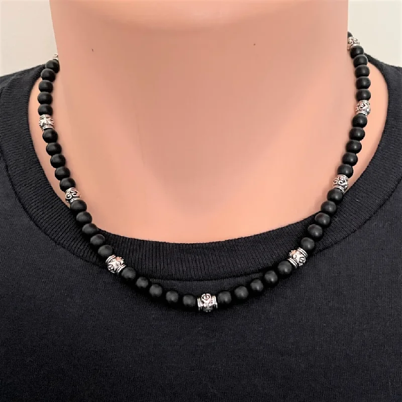 personalized name necklace for women -Matte Black Onyx Mens Necklace with Silver Lantern Beads