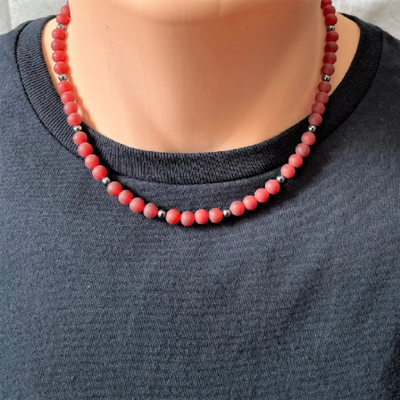 layered necklace set for women -Matte Carnelian and Hematite Mens Beaded Necklace