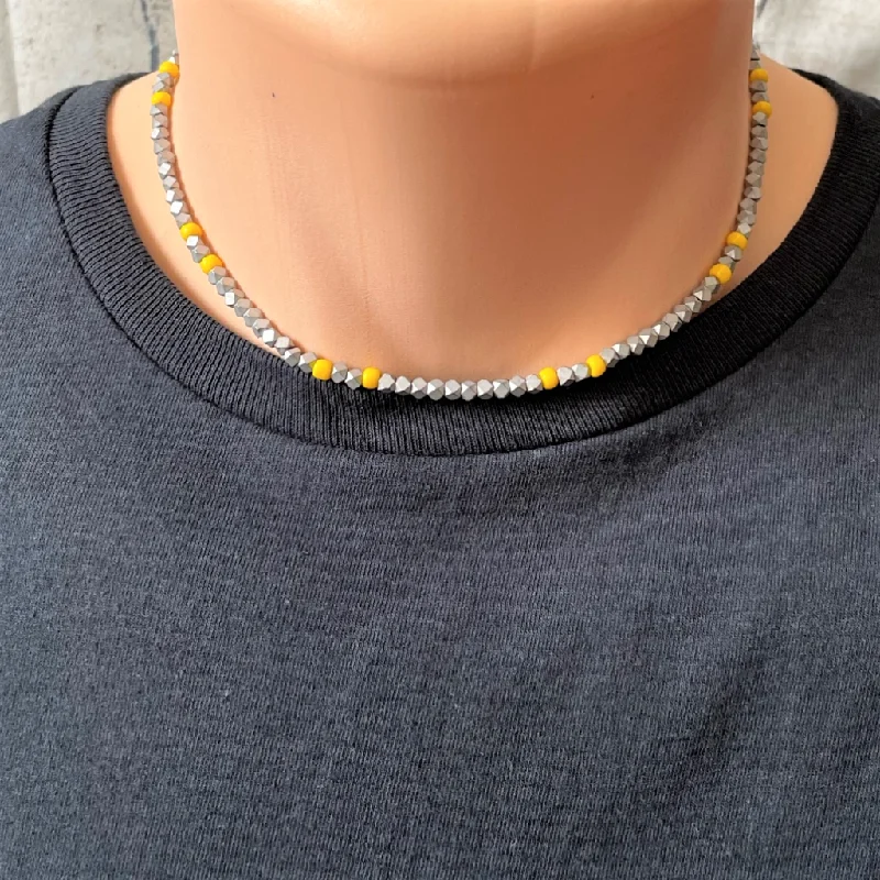 heart pendant necklace for women -Matte Silver Hematite Hexcut and Yellow Mens Beaded Necklace