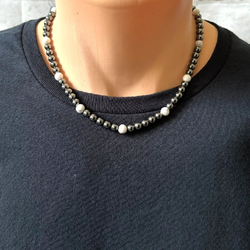 monogram necklace for women -Mens 6mm Hematite and Howlite Beaded Necklace