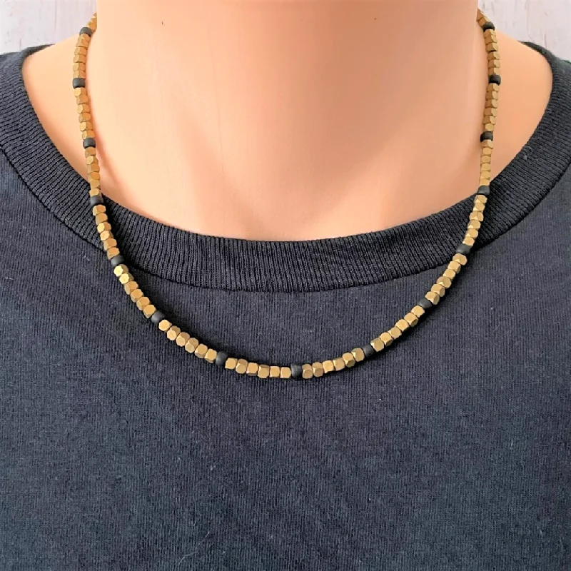 zodiac constellation necklace -Mens Antique Gold Matte Hematite Hexcut Beaded Necklace