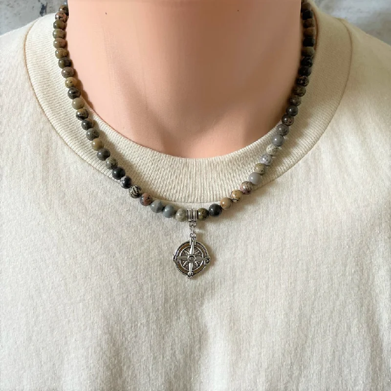 diamond tennis necklace for women -Mens Artistic Stone and Silver Compass Beaded Necklace