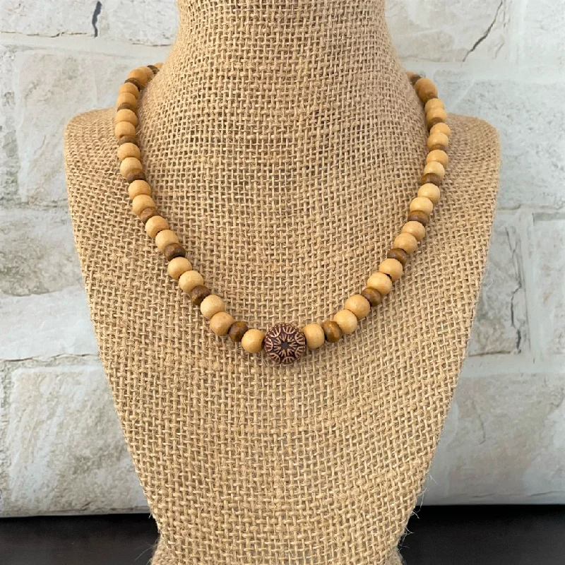 evil eye necklace for protection -Mens Beige and Brown Wood Beaded Necklace