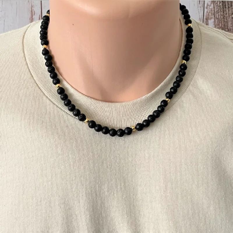 crystal pendant necklace for women -Mens Black Lava 6mm and Gold Beaded Necklace