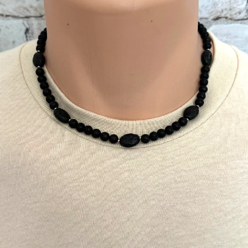 zodiac sign necklace for women -Mens Black Lava 6mm and Oval Beaded Necklace