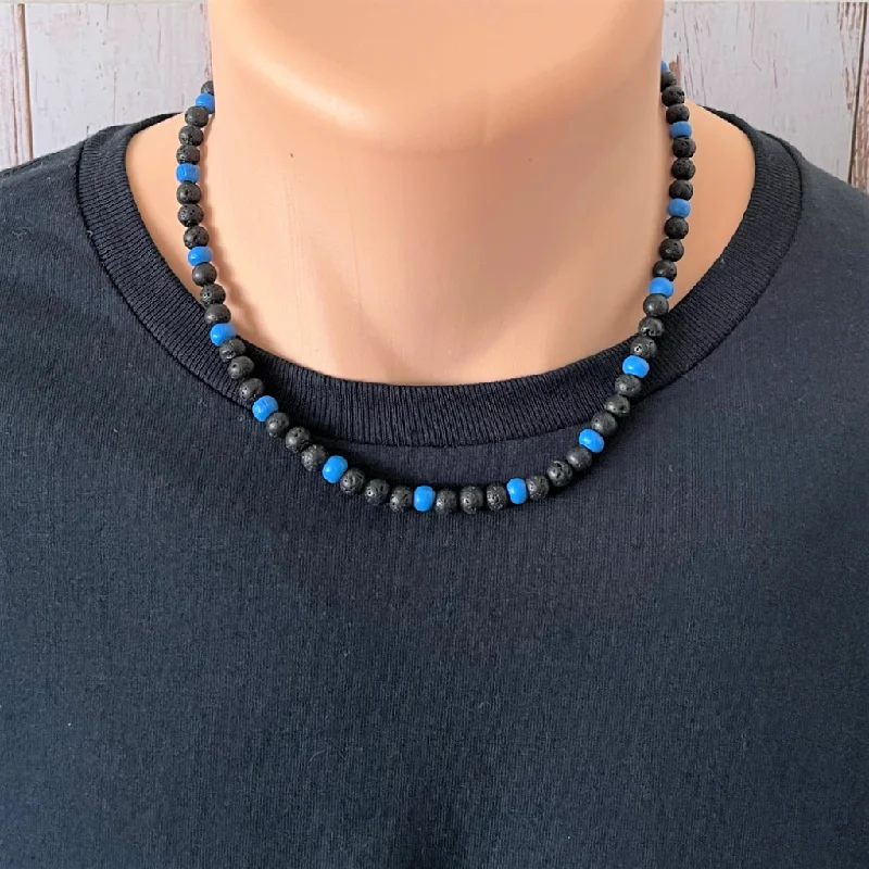 crystal healing necklace for women -Mens Black Lava and Blue Wood Beaded Necklace