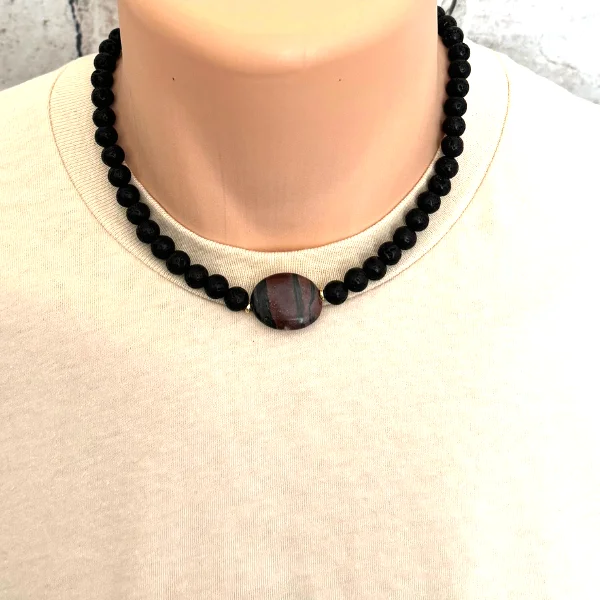 men’s chain necklace -Mens Black Lava and Canyon Marble Beaded Necklace