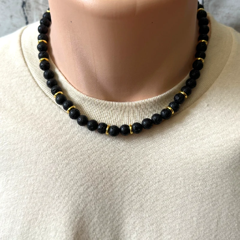 matching couple necklace set -Mens Black Lava and Gold Ring Beaded Necklace