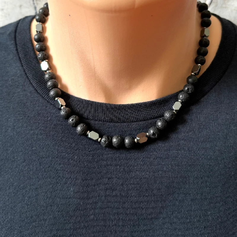 men’s cross necklace -Mens Black Lava and Hematite Rectangle Beaded Necklace