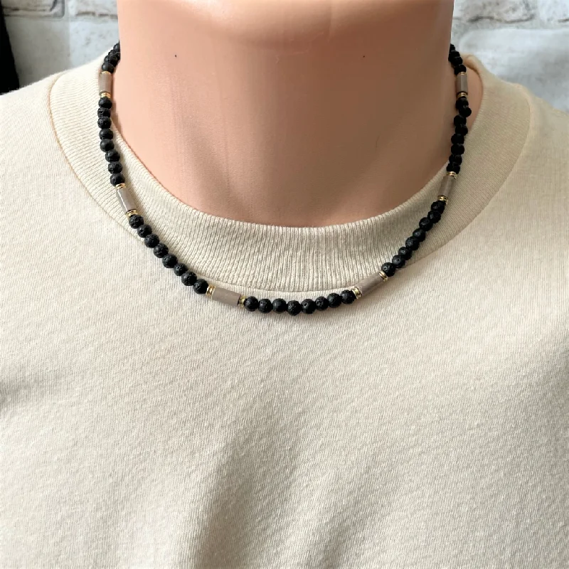 initial necklace for women -Mens Black Lava and Mushroom Agate Beaded Necklace