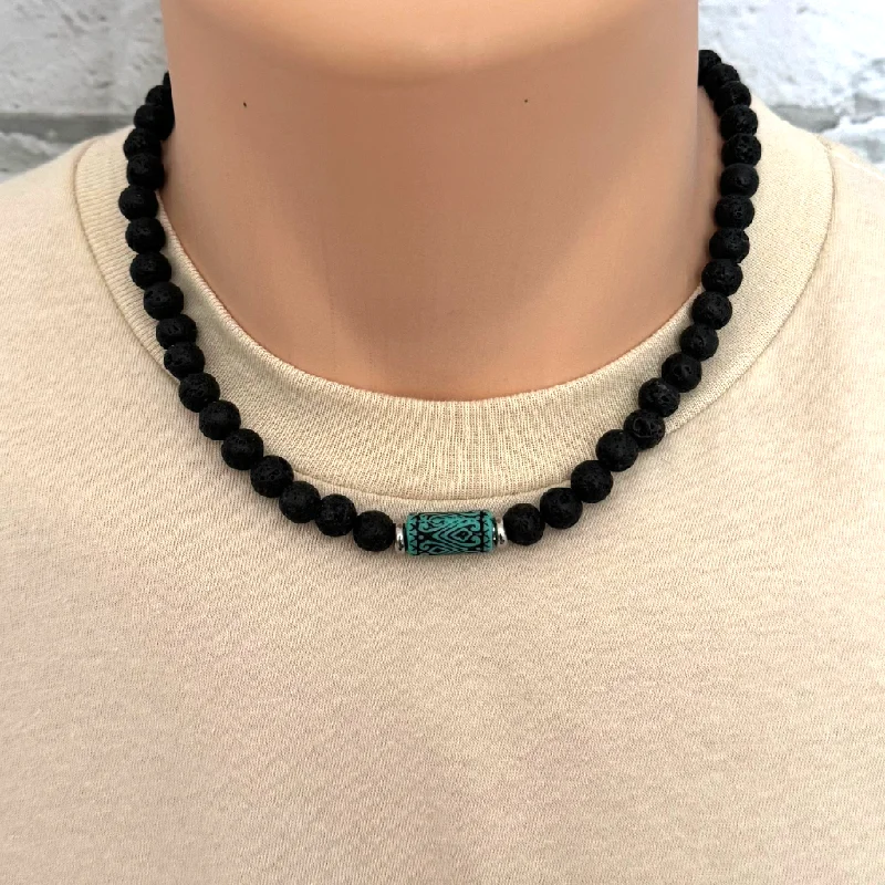 layered necklace set for women -Mens Black Lava and Turquoise Statement Beaded Necklace