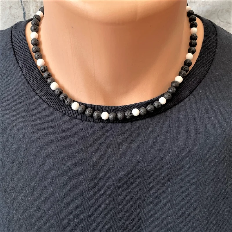 fashion necklace for women -Mens Black Lava and White Shell Beaded Necklace