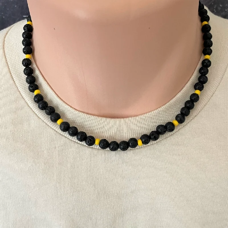 rose quartz necklace for women -Mens Black Lava and Yellow Toho Beaded Necklace