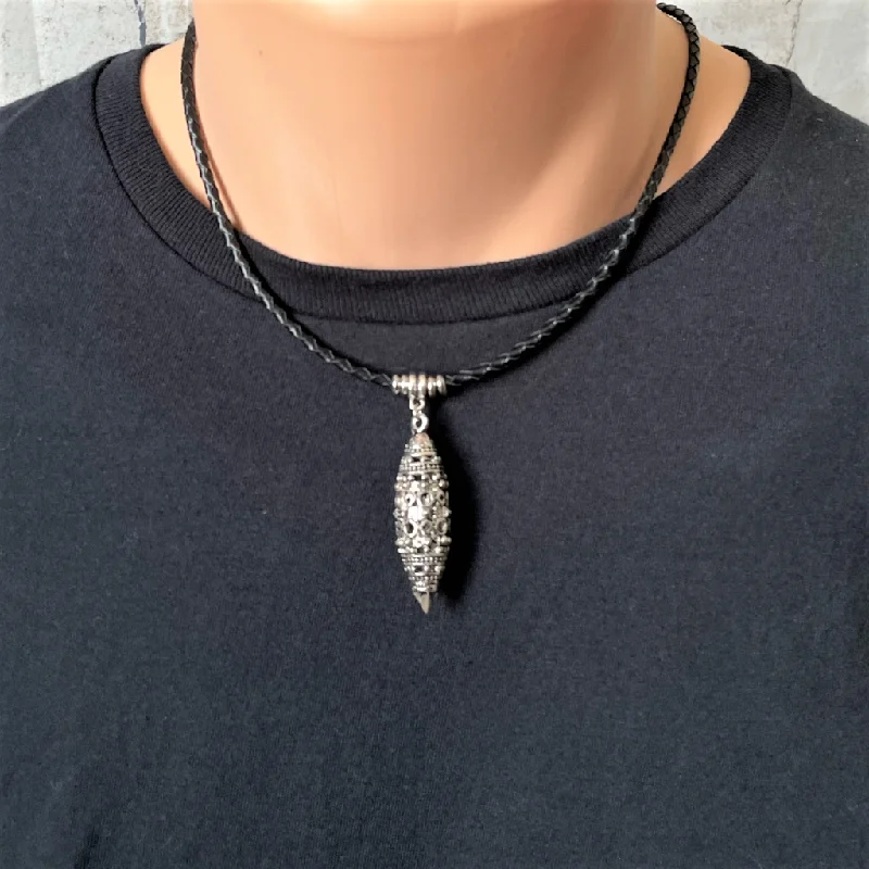 diamond heart necklace for women -Mens Black Leather Silver Ornate Metal Charm Necklace